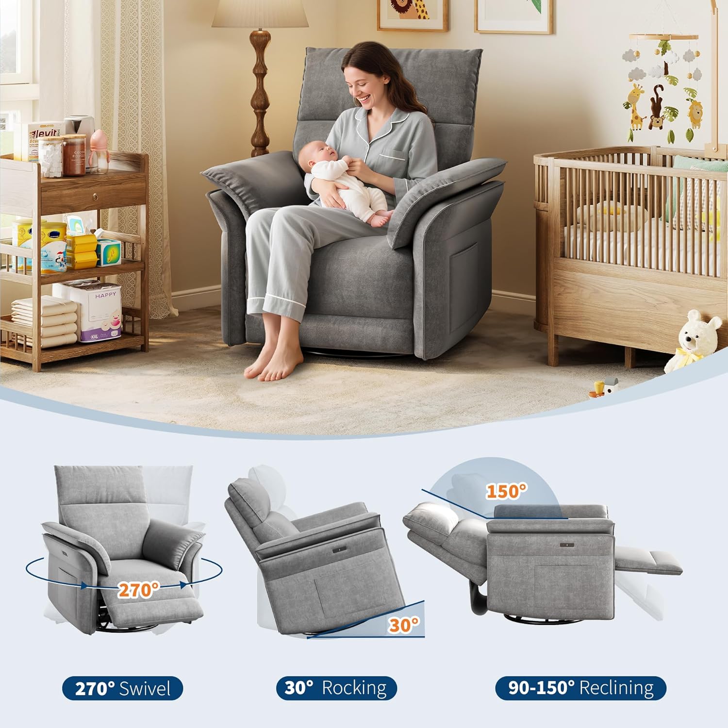 IDEALHOUSE Power Recliner Chair, 270 °Swivel Rocking Glider with USB Charging Port, Chenille Upholstered Fabric and Double-Layer Armrests, Nursery Chair for Living Room, Nursery(Gray)
