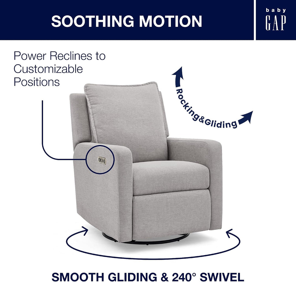 babyGap Harlowe Power Recliner with USB-A & Charging Port by Delta Children - Greenguard Gold Certified – Stain-Resistant Performance Fabric is Oeko-TEX Standard 100 Certified, Ash