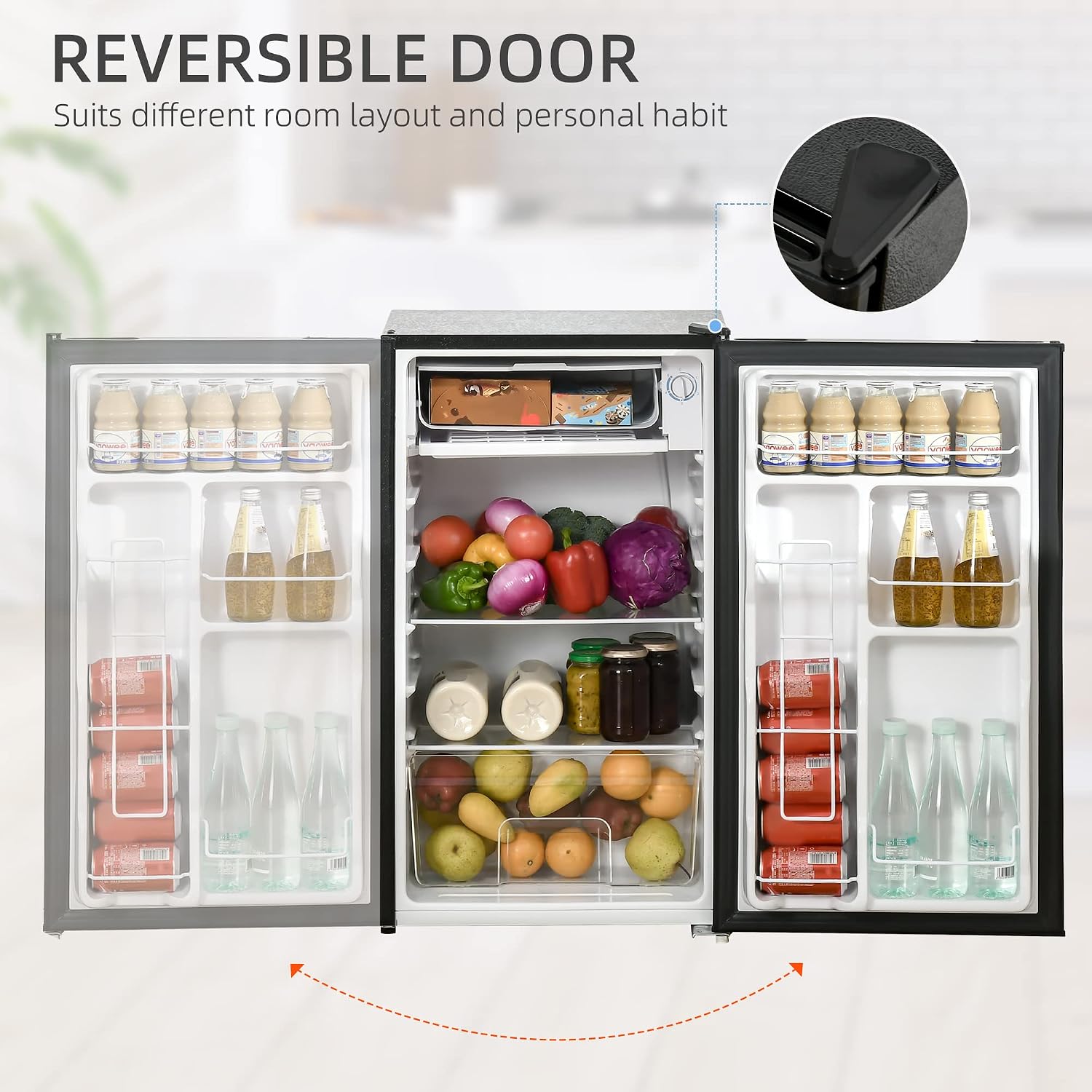 HOMCOM 3.2 Cu.Ft Mini Fridge with Freezer, Compact Refrigerator with Adjustable Thermostat, Shelf and Single Reversible Door for Bedroom, Dorm, Home Office, Energy Efficient, Black