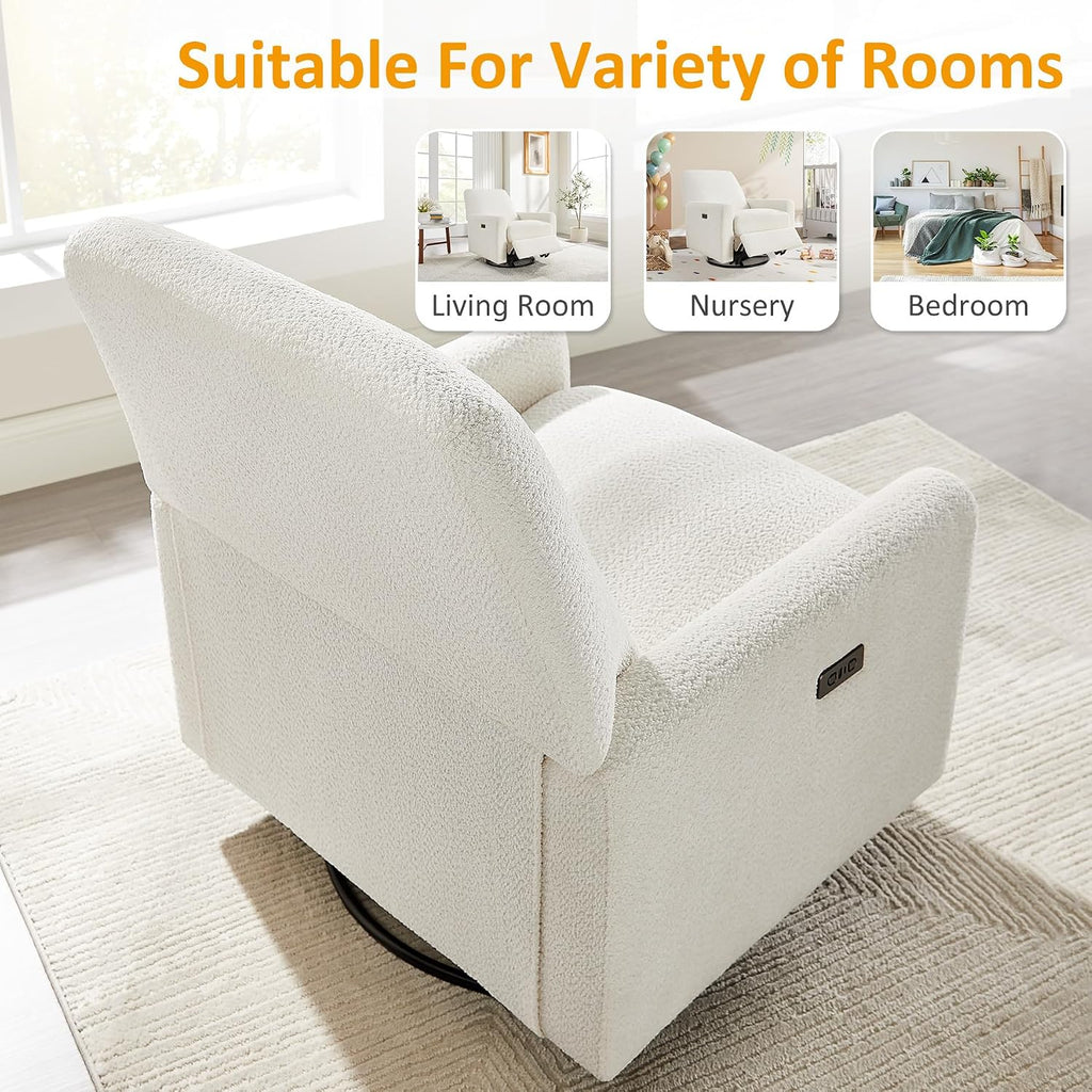 VANOMi Power Recliner Chair, 270° Swivel Nursery Chair with USB Charging Port Comfy Boucle Glider Rocking Chairs for Living Room, Nursery, Bedroom, White