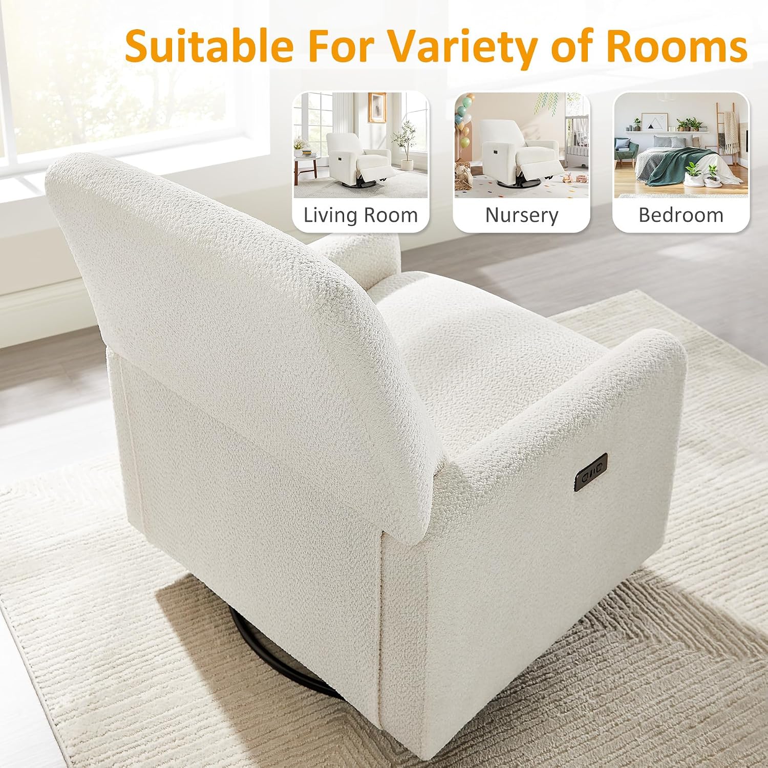 VANOMi Power Recliner Chair, 270° Swivel Nursery Chair with USB Charging Port Comfy Boucle Glider Rocking Chairs for Living Room, Nursery, Bedroom, White