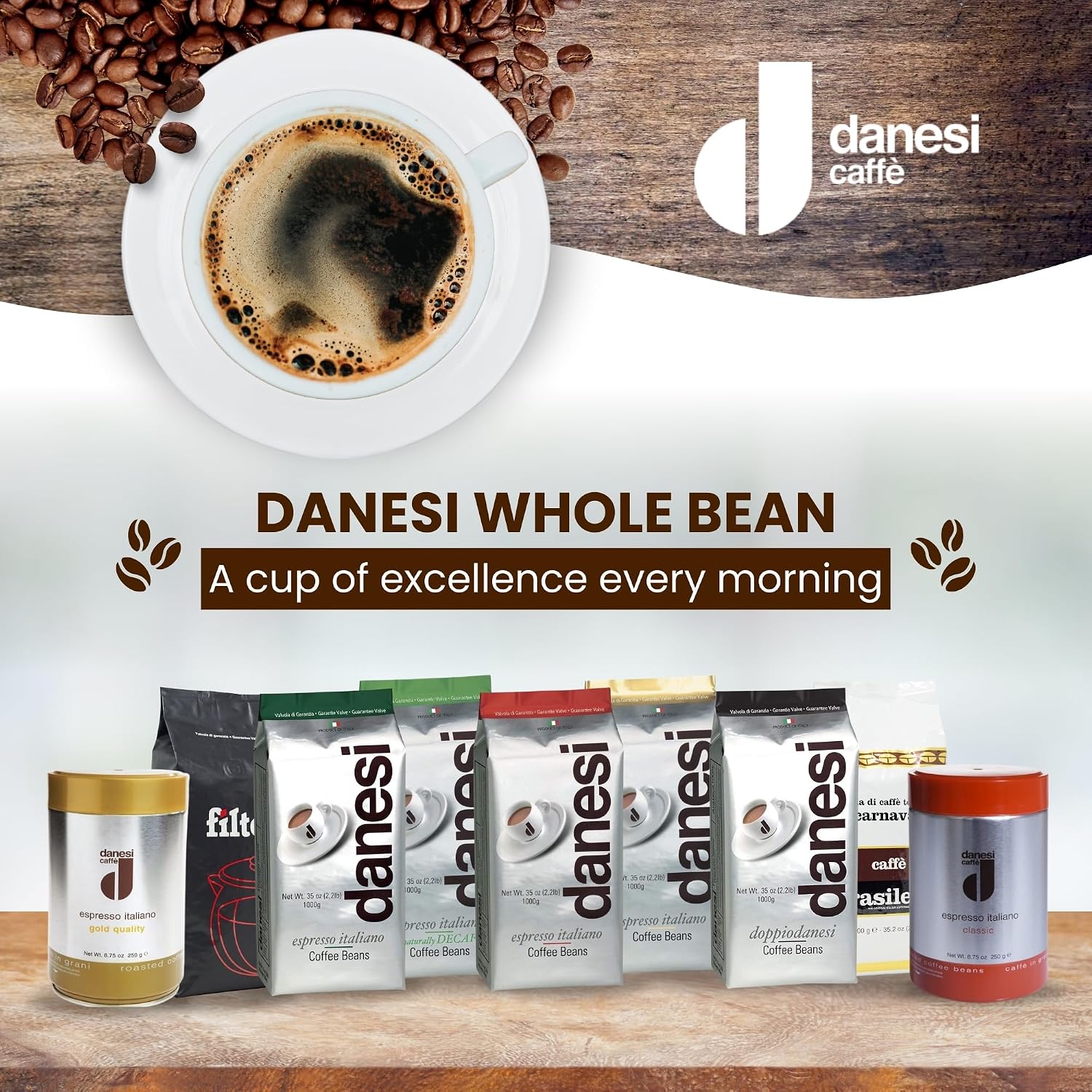 Danesi Caffe Italian Whole Coffee Beans - Espresso Coffee Beans and Medium Roast Whole Bean - Perfect for Espresso Machines, French Press, and Home Brewing - Brasileiro (2.2 lb)