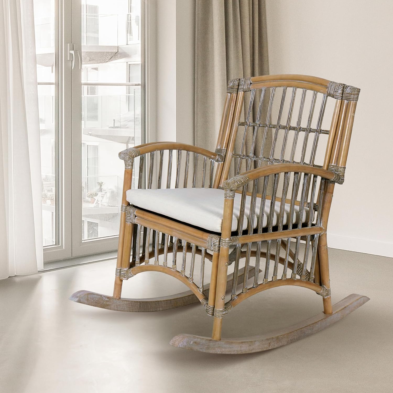 JONATHAN Y RCK200B Swayze Bohemian Farmhouse Woven Rattan/Wood Rocking Chair White Cushion with Gray/White Wash Frame for Home, Living Room, Bedroom, Guestroom, Foyer, Library