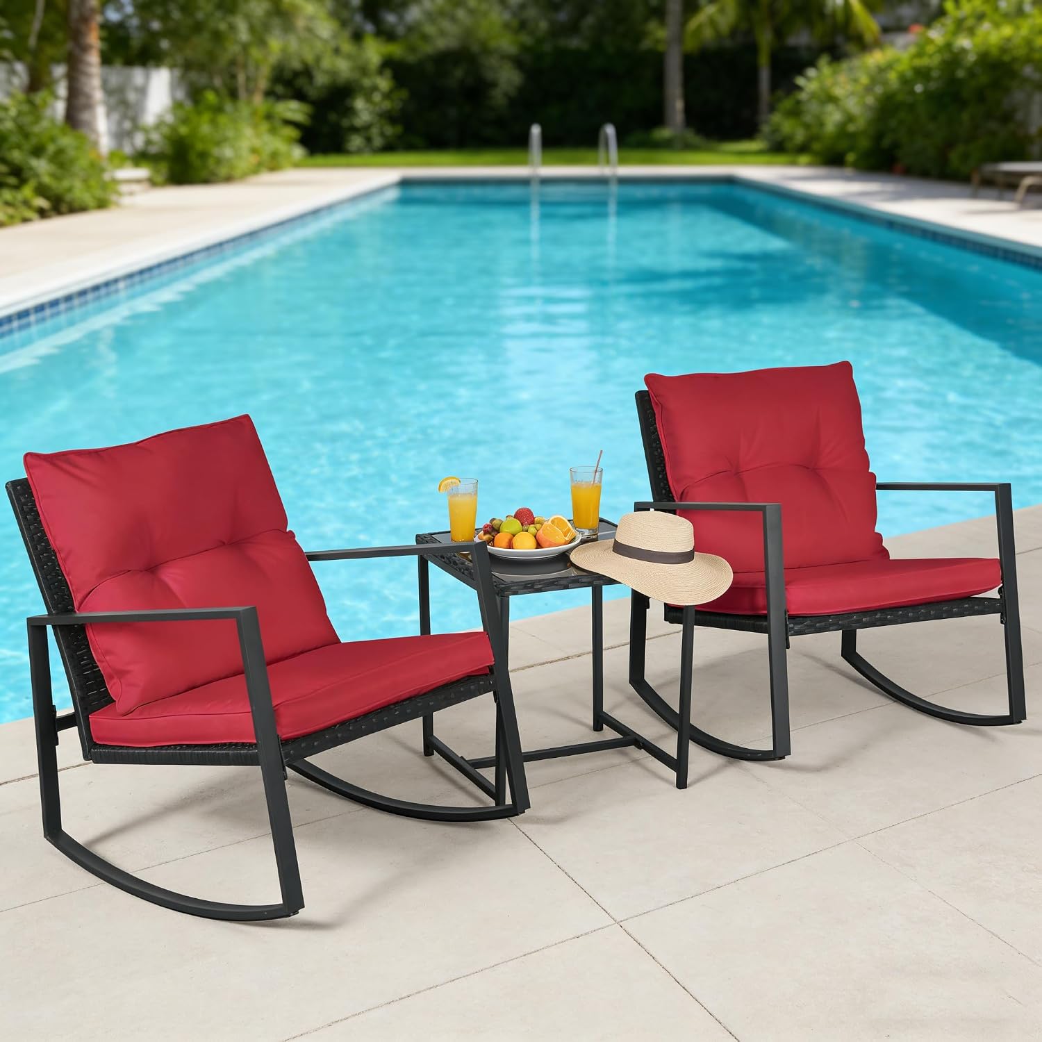 SUNCROWN 3 Piece Outdoor Rocking Bistro Set Black Wicker Furniture Porch Chairs Conversation Sets with Glass Coffee Table, Red