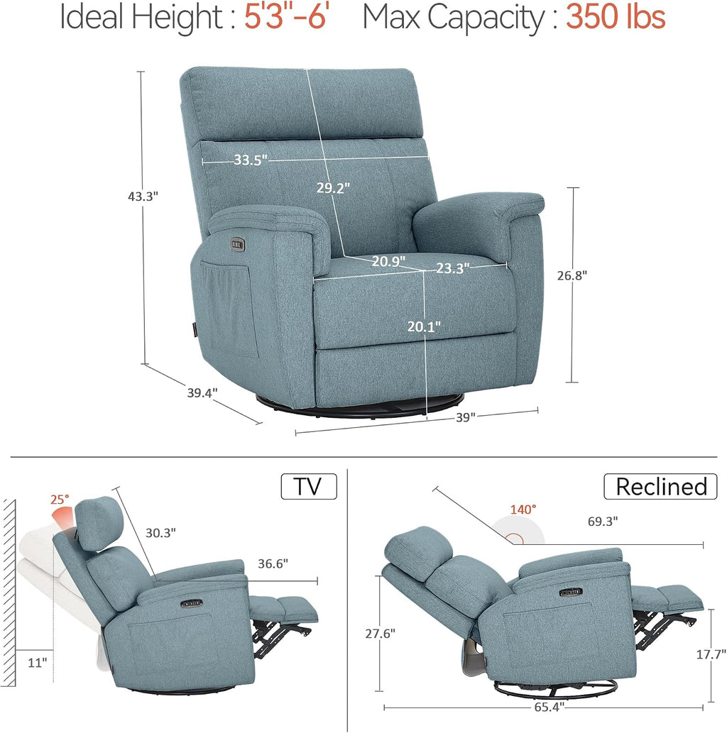 MCombo Oversized Swivel Glider Rocker Recliner with Adjustable Headrest, Dual Motor Power Recliner for Nursery, Led Nightlight, Fabric PR601 (Pacific Blue)