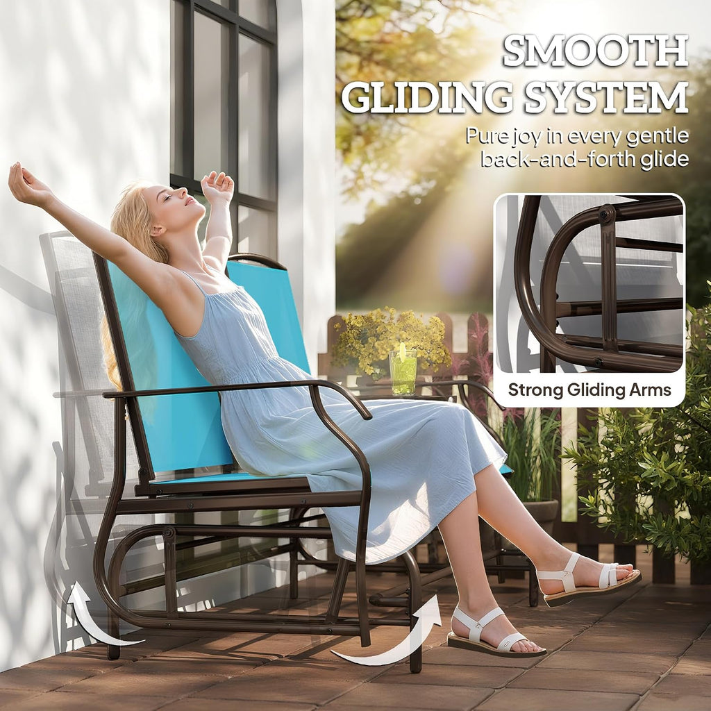 Outsunny Outdoor Glider Bench with Center Table, Metal Frame Patio Loveseat with Breathable Mesh Fabric and Armrests for Backyard Garden Porch, Blue