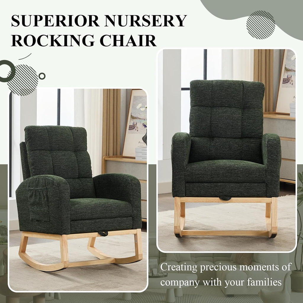 Nursery Rocking Chair, Polyester Upholstered Glider Chair with Footrest, Comfy Rocker Chair, Accent Chair with High Backrest, Glider Rocker, Armchair for Living Room (Dark Green Linen)