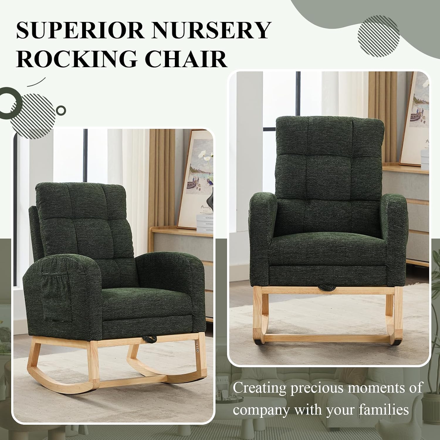 Nursery Rocking Chair, Polyester Upholstered Glider Chair with Footrest, Comfy Rocker Chair, Accent Chair with High Backrest, Glider Rocker, Armchair for Living Room (Dark Green Linen)