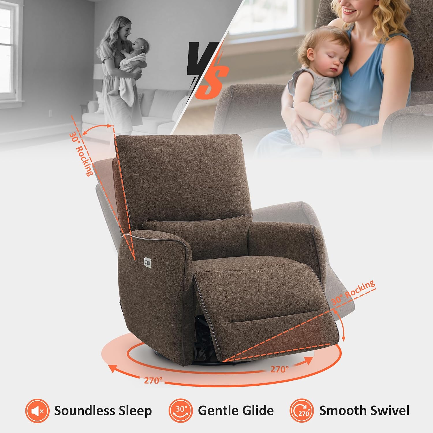 MCombo Swivel Glider Rocker Power Recliner Chair, Electric Swivel Rocker Recliner with USB Charging Ports for Living Room and Nursery, Fabric 6922 (Brown)