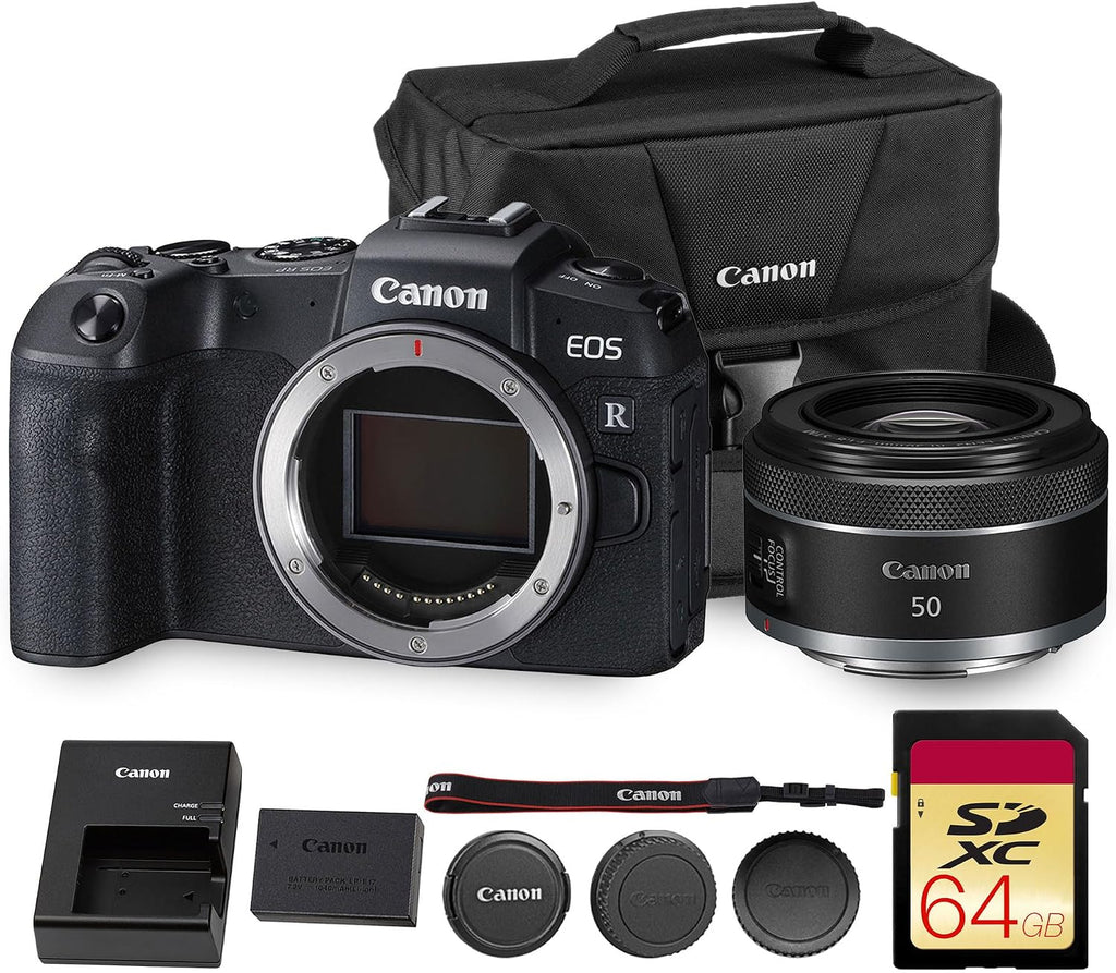 Canon EOS RP Mirrorless Camera| 26.2MP Full Frame Sensor| 4K Video Recording| Lightweight Compact Camera for Travel and Everyday Content Creation(3380C002) + Canon RF 50mm f/1.8 Lens + 64GB Card + Bag
