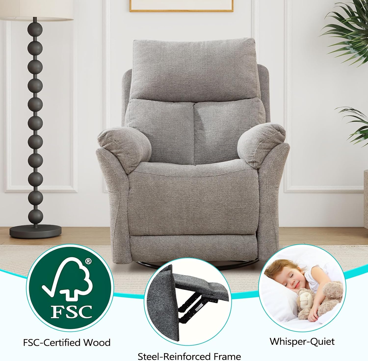 ANJ Swivel Rocker Recliner Chair Set of 2, Manual Fabric Glider Nursery Recliner Chair, Single Rocking Modern Sofa Home Theater Seating for Living Room, Nursery (Silver)