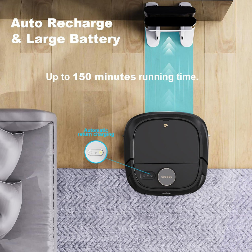 TECBOT Robotic Vacuum Cleaner and mop, with Laser LiDAR Navigation, 150Mins Max, Self-Charging, Robotic Vacuum and Mop for Home Without Cleaning Mop Base,Idea for Pet Hair, Carpet, Hard Floor (Black)