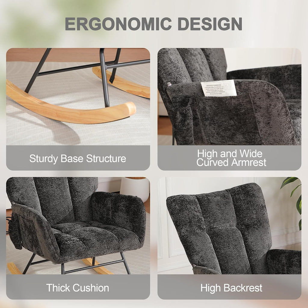 Rocking Chair Nursery with Airbag, Nursery Rocking Reading Chair Indoor, Cozy Upholstered Glider Rocker Chairs with High Backrest for Living Room Bedroom Offices(Chenille, Black)