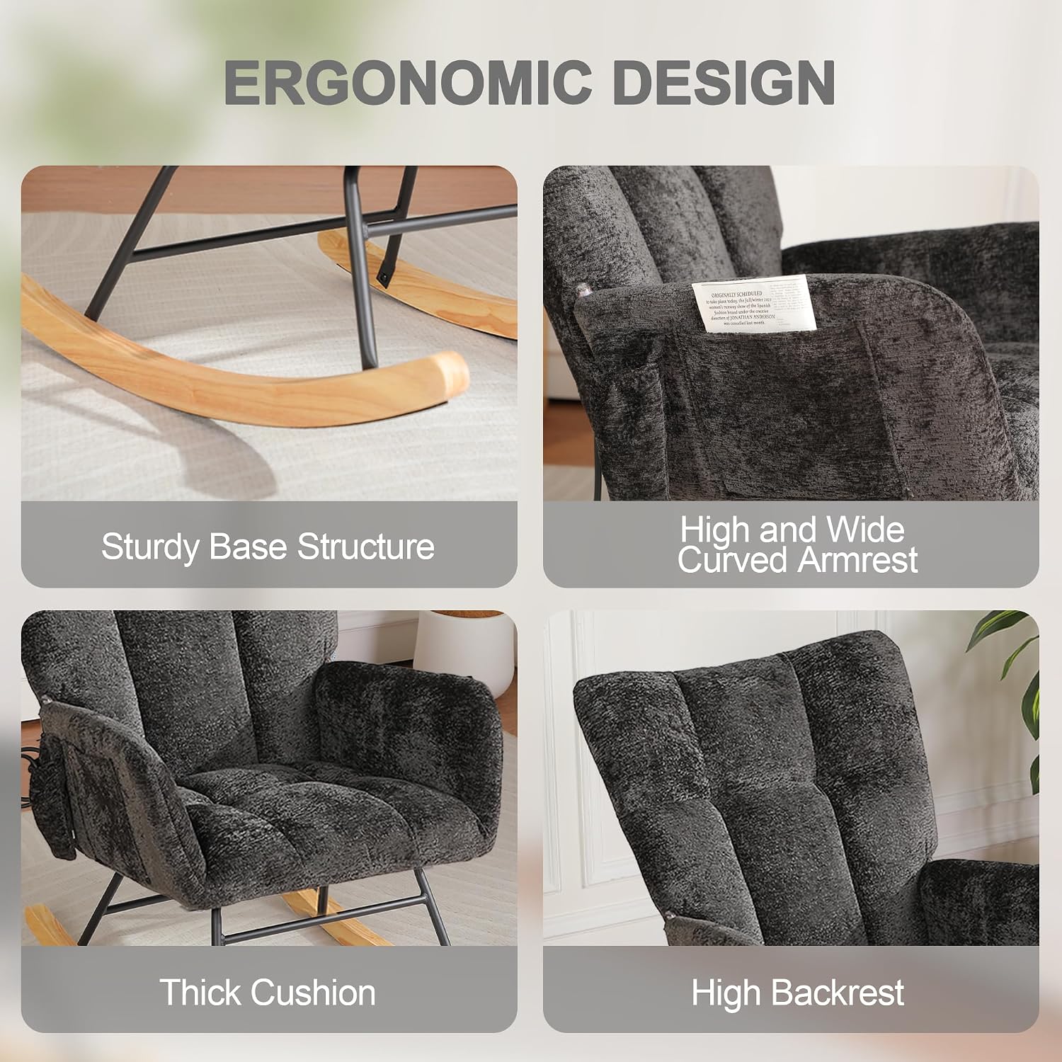 Rocking Chair Nursery with Airbag, Nursery Rocking Reading Chair Indoor, Cozy Upholstered Glider Rocker Chairs with High Backrest for Living Room Bedroom Offices(Chenille, Black)