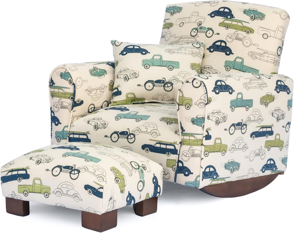 Toddler Personalized Armchair, Kids Upholstered Rocking Chair with Personalization, Toddler Chair with Personalized Name, Comfy Child Armchair, (Cars & Trucks Print, Rockers)