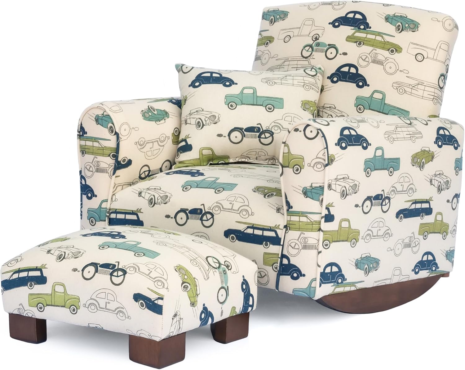 Toddler Personalized Armchair, Kids Upholstered Rocking Chair with Personalization, Toddler Chair with Personalized Name, Comfy Child Armchair, (Cars & Trucks Print, Rockers)