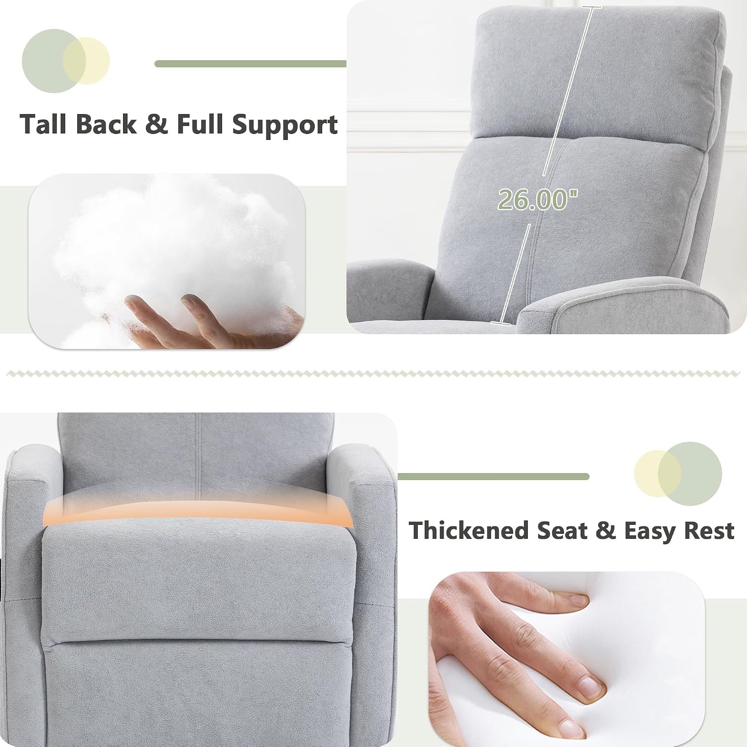 cinkehome Heated Massage Swivel Rocker Recliner Chair for Nursery - Small Space Reclining Chair with Lumbar Support, 360° Swivel & Gentle Rocking, Ergonomic High Back Short Plush Light Grey