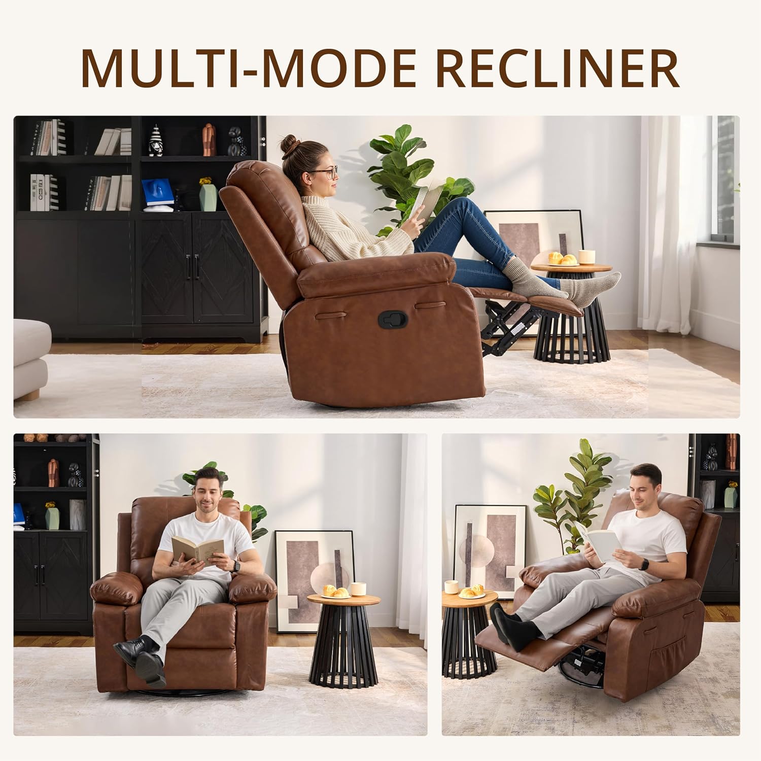 360° Swivel Rocking Leather Recliner Chair for Adults, Overstuffed Manual Recliner with Spring Cushion, Glider Rocking Nursery Single Sofa with Side Pockets for Living Room, Camel