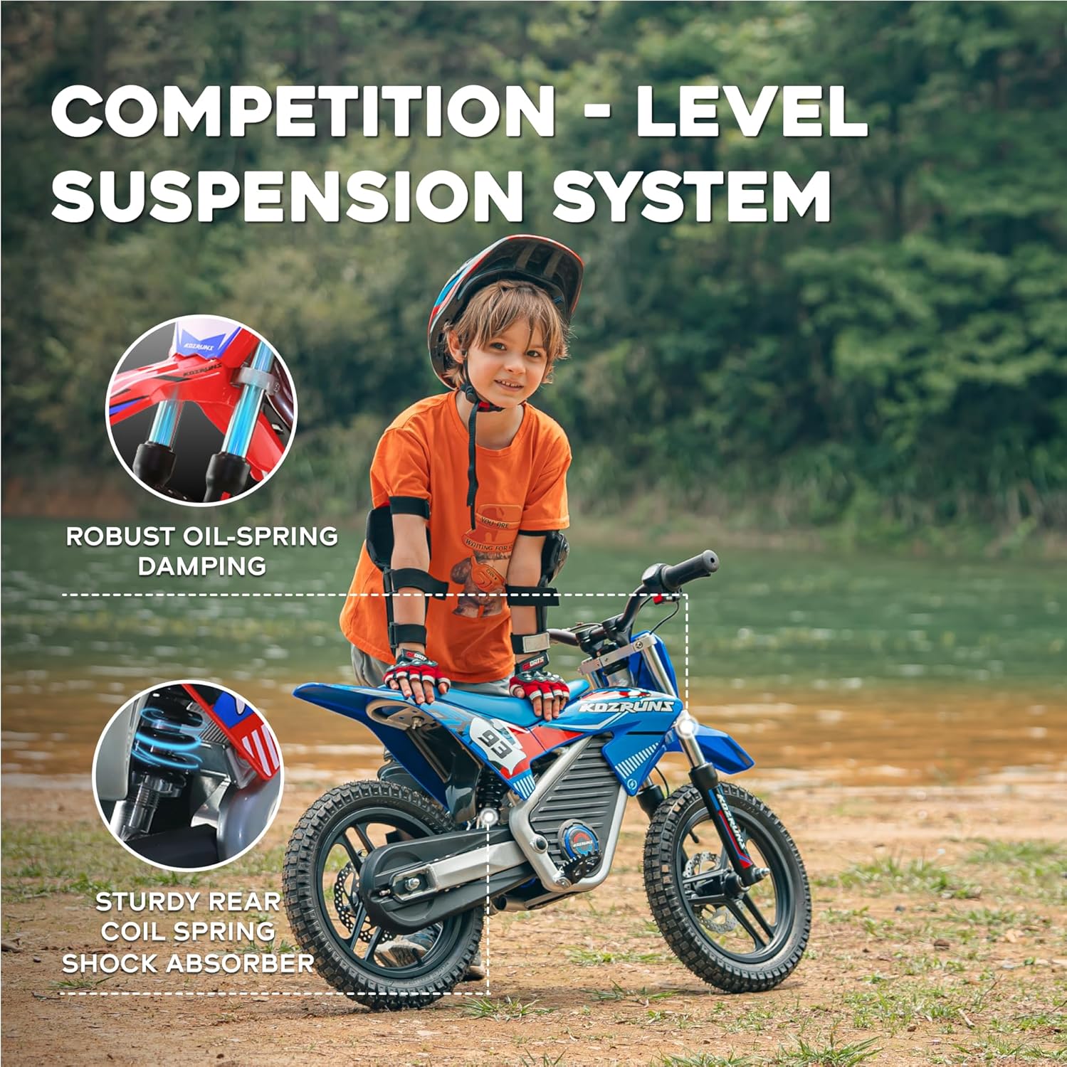 AIII 36V Electric Dirt Bike for Kids 5-10, High Performance 350W Racing Grade Motorcycle, Up to 18.6MPH, 3 Speed Settings, 14-Inch Off-Road Tires, Dual Disc Brakes & Advanced Shock Absorption, Blue