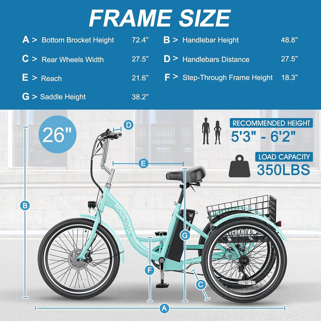 Electric Tricycle Electric Bicycle Electric Trike, 7 Speeds 3 Wheel Electric Bike for Adults with 350W 36V Removable Battery, Electric Cruiser Tricycle (26 Inch, Light-Cyan)