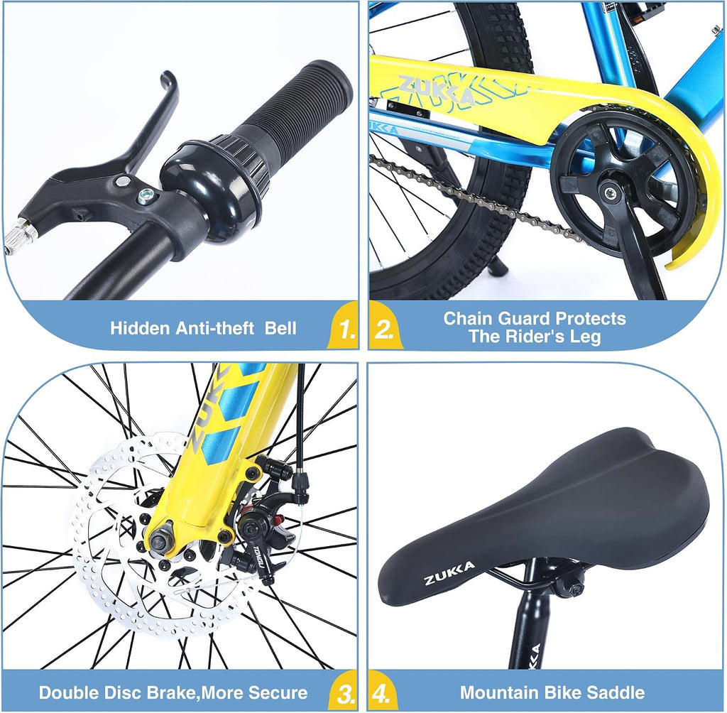 Kids Mountain Bike, 20 24 Inch Kids Bike for Boys Girls Age 7-12 Years, High Carbon Steel Bicycle, Suspension Fork, Dual Disc Brakes, Single Speed, Multiple Colors