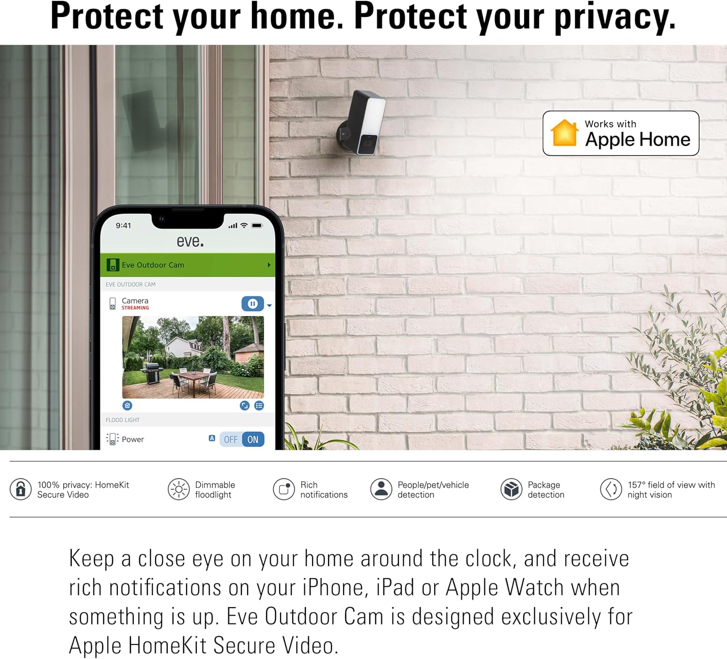 Eve Outdoor Cam – Secure floodlight Camera, Maximum Security & Privacy (HomeKit Secure Video), 1080p, Night Vision, Wi-Fi (2.4 GHz), Motion Sensor, Two-Way Communication, People/pet/Vehicle Detection