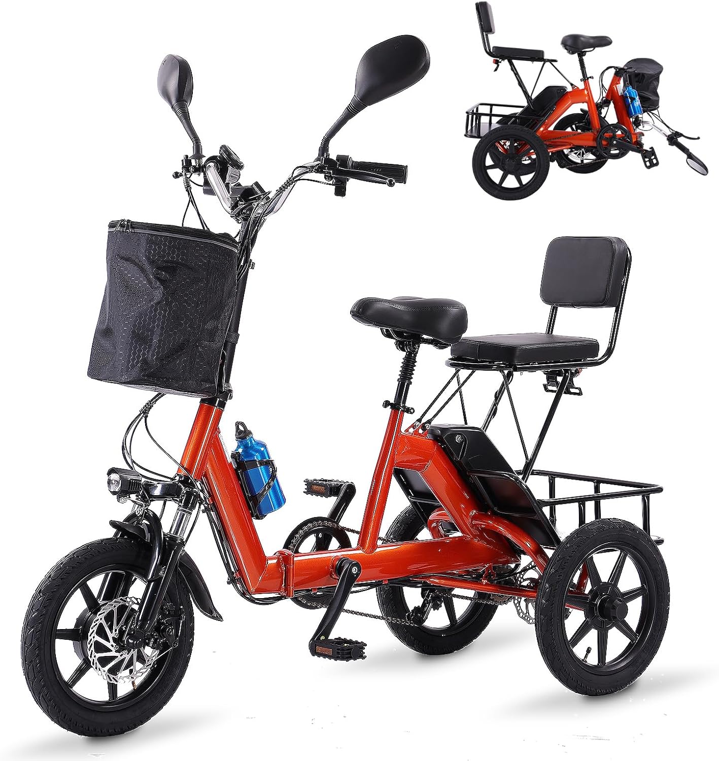E Trike Electric Bike, 350W(Peak 500W) Brushless Motor Folding Trike, 2 Seats Ebike, 480Wh Removable Battery, Step-Thru 3 Wheel Electric Bicycle, Up to 45 Miles, Tricycle for Adults Parents