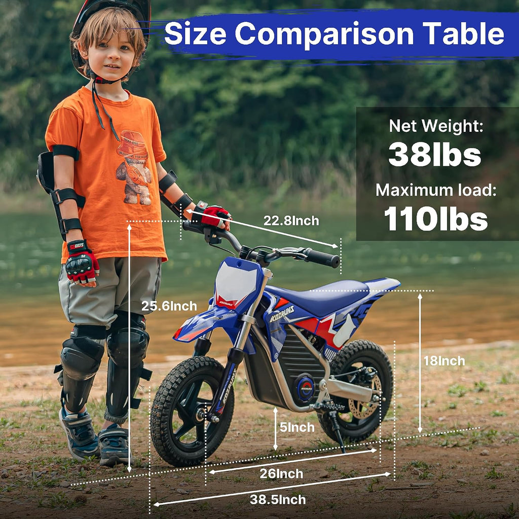 Electric Dirt Bike for Boys Girls Ages 3-8, 250W High Racing Competition Grade Motorcycle, Up to 15.5MPH 3 Speed Settings Balance Bike, 12IN Off-Road Tires & Advanced Shock Absorption, Blue