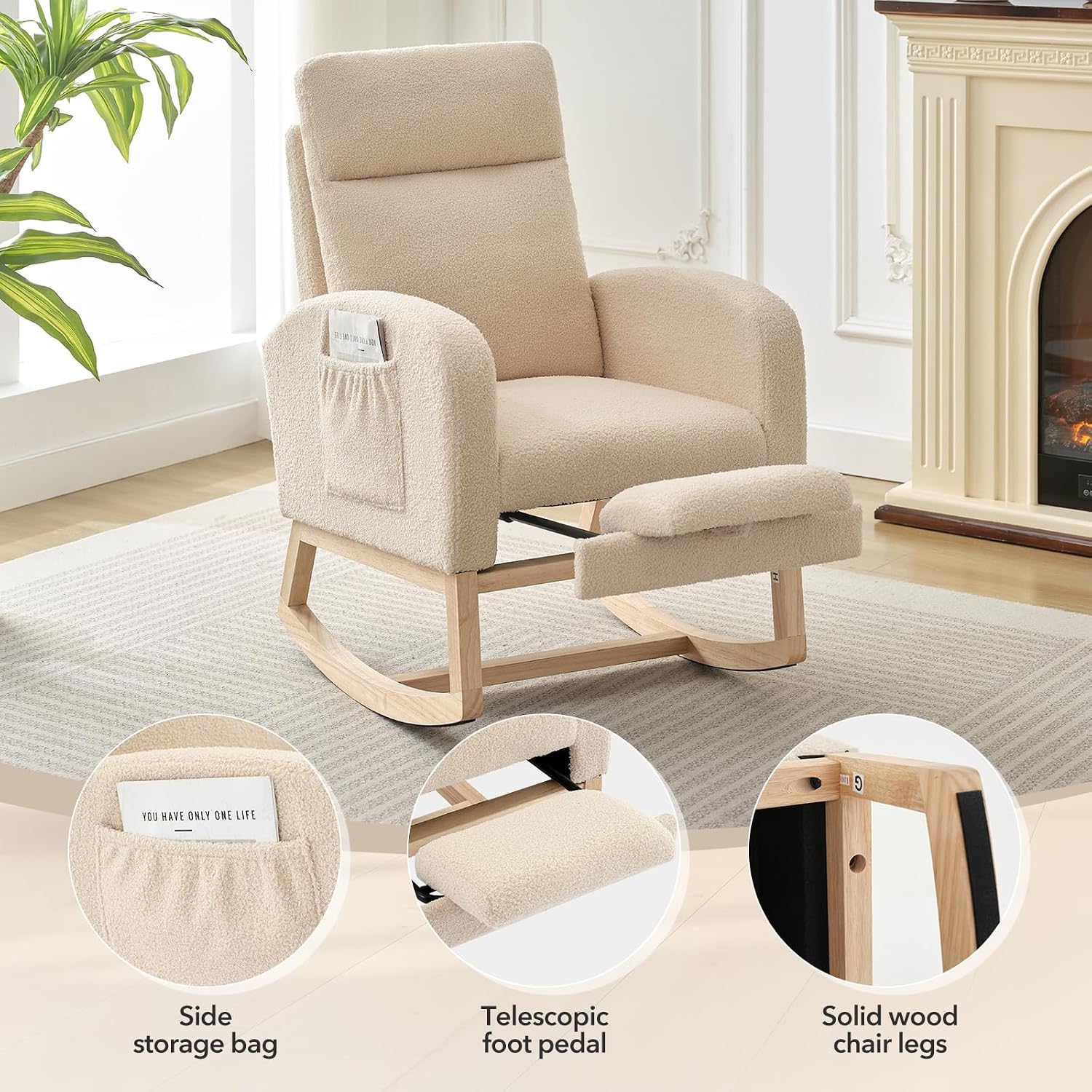 Nursery Rocking Chair with Foot Rest, High Back Upholstered Glider Rocker Chair, Solid Wood Base Lounge Chair for Mom Feeding, Living Room Bedroom Relaxation
