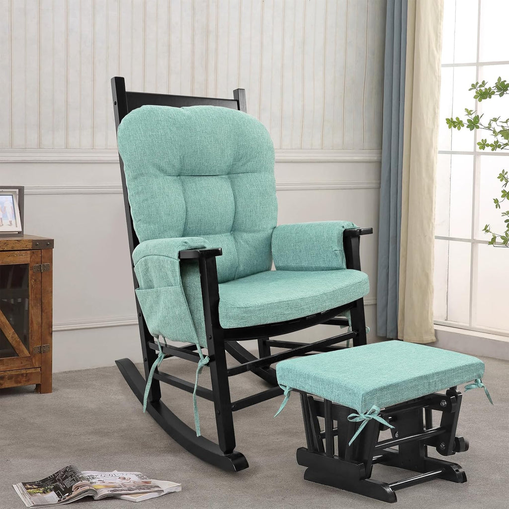 BUYUE Glider Rocker Replacement Cushion 5 PCS with Ties, Linen High-Density Foam Non-Slip & Washable Rocking Chair Pads for Sitting, Light Green