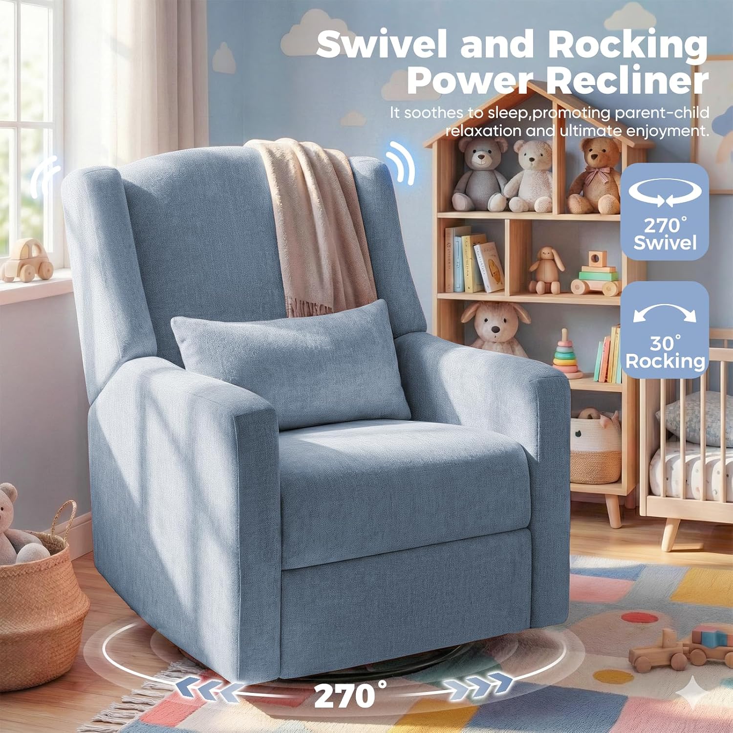 Power Glider Recliner Nursery Chair w/USB Ports, Soft Chenille Glider Rocking Chair with Ottoman, Swivel Glider Chair with Lumbar Pillow for for Nursery, Blue