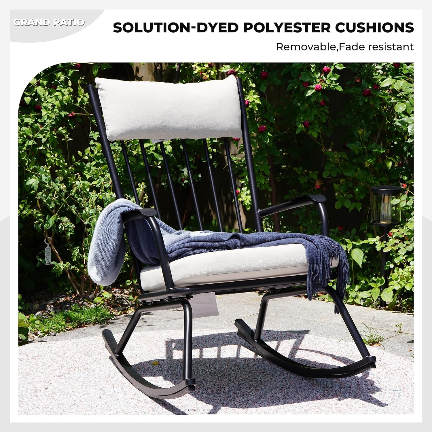 Grand patio 3-Piece Outdoor Rocking Chair Set, Steel Rocking Chairs with Cushions and 18-inch Round Side Table, Outdoor Bistro Set for Patio Porch Deck, Black