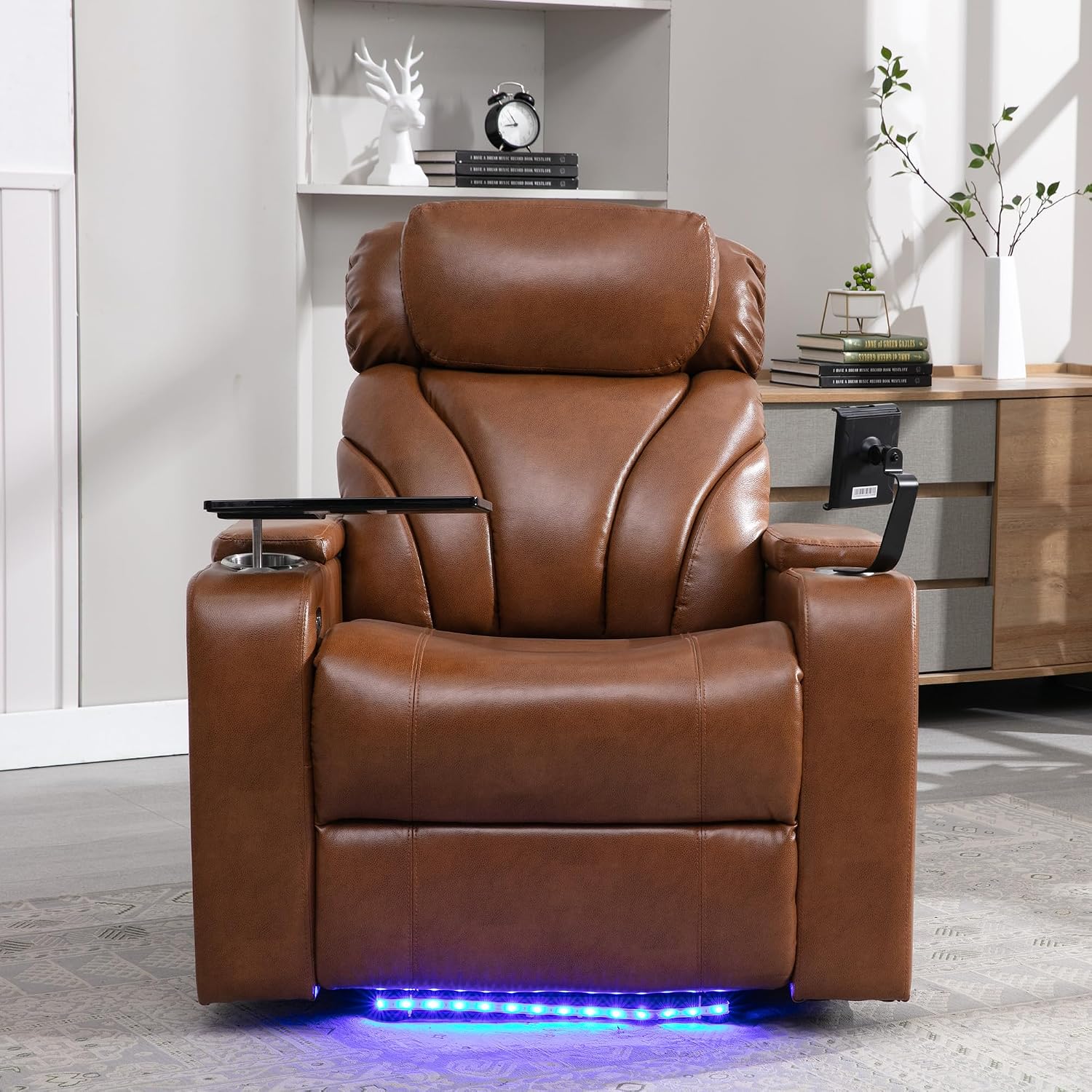 JIVOIT Power Motion Recliner Electric Power Recliner with Hidden Arm Storage, Cup Holder, Phone Holder, Tray Table, Faux Leather Rocker Chair for Small Spaces (Light Brown/78)