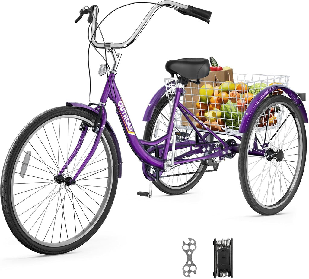 Single Speed Adult Tricycle, 3 Wheel Bikes with Large Basket, Cruiser Bike for Women/Men/Seniors, Adult Trike for Outdoor/Shopping/Recreation/Picnic(26Inch Purple)