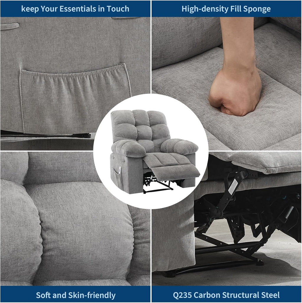 Recliner Rocking Chair with Massage & Heat, Wide Overstuffed Fabric Recliner with Breathable Upholstery, Ergonomic Design, 2 Side Pockets & Remote Control for Living Room or Bedroom (Gray)