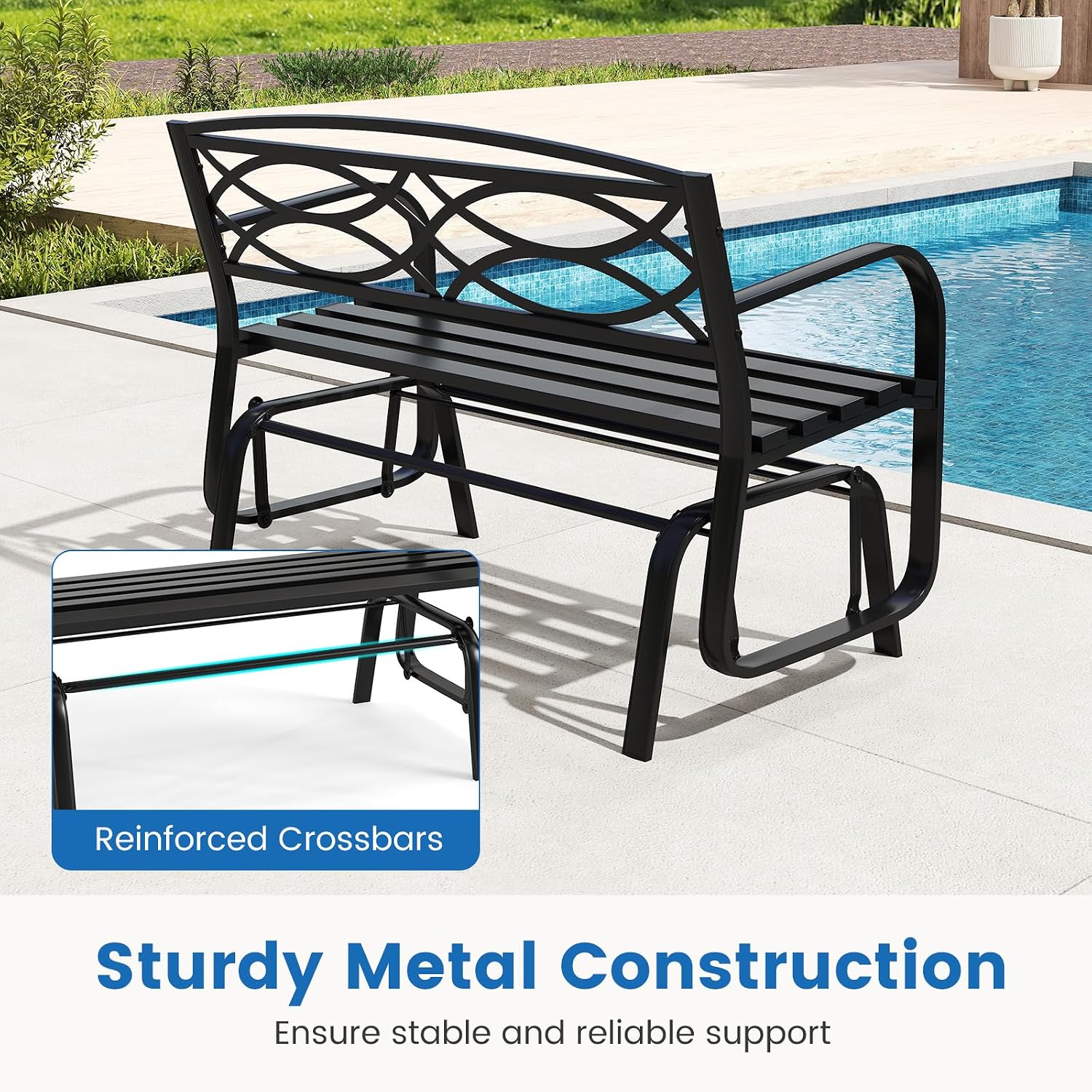 Tangkula 2-Person Outdoor Glider Bench, Patio Rocking Loveseat Chair with Metal Frame, Armrests, Geometric Backrest and Slatted Seat for Porch, Garden, Deck and Backyard
