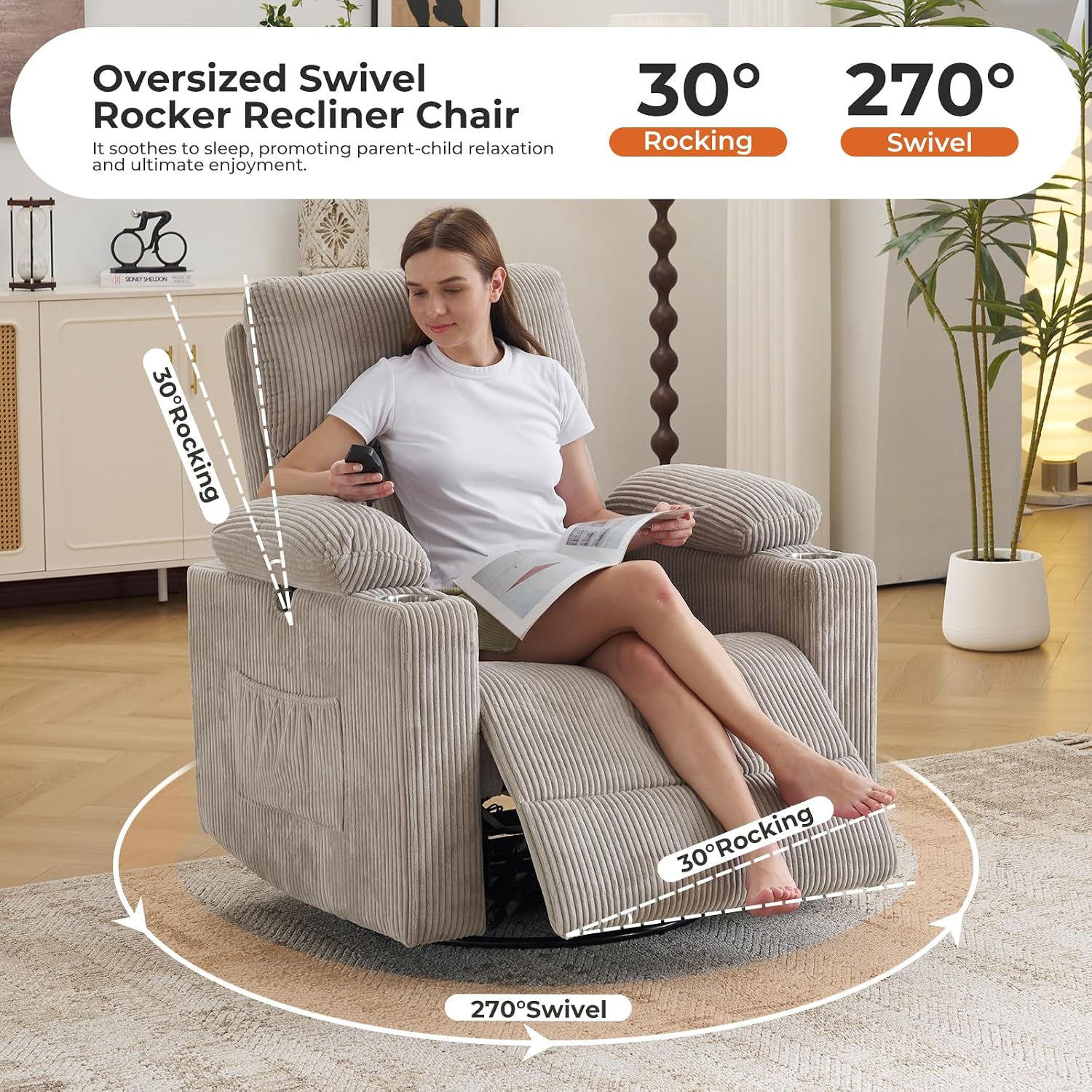 Oversized Power Recliner Chair Swivel Glider with Massage and Heat, Swivel Rocker Recliner with Adjustable Armrests, 26' Wide Nursery Chair with Storage Ottoman, Rocker Nursery Recliner,Corduroy Grey