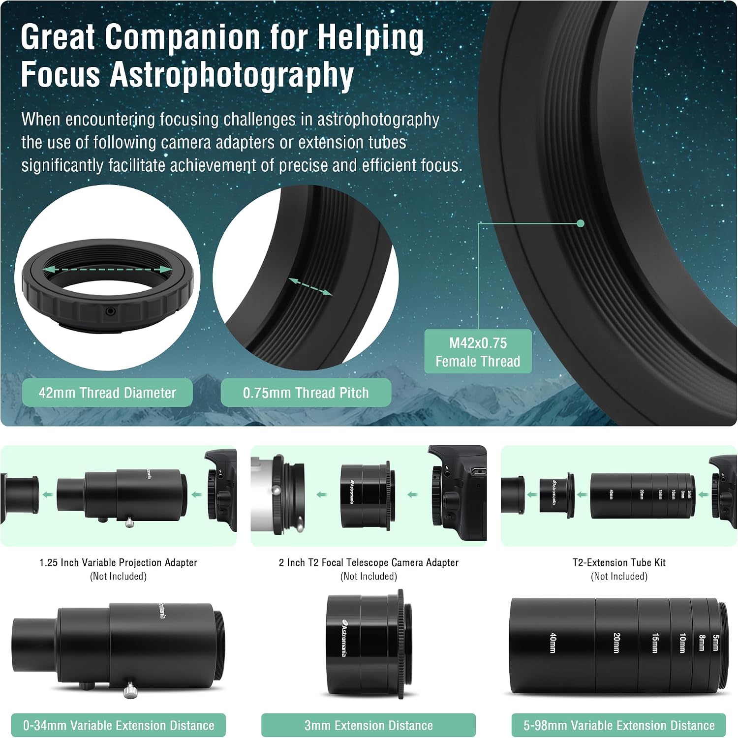 Astromania Metal T-Ring Adapter for 42mm Pentax-k Camera DSLR/SLR - Bundle with - 1.25'/2' 17mm 70° SWA Eyepiece&M43-M42 Adapter