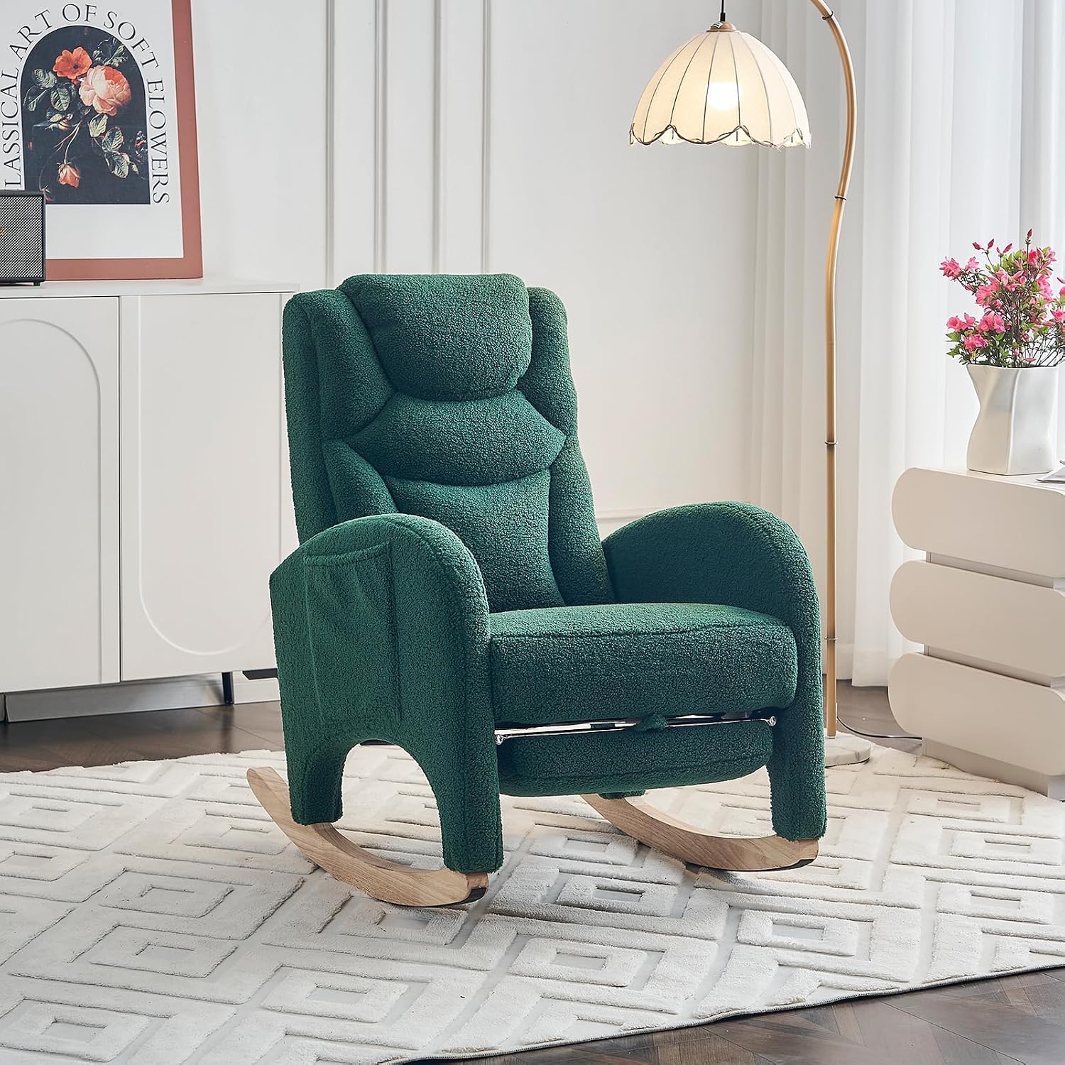 Rocking Chair Nursery with Foot Rest,Upholstered Teddy Glider Rocker with Wood Legs, Nursing Rocking Chair for Living Room/Nursery,Green