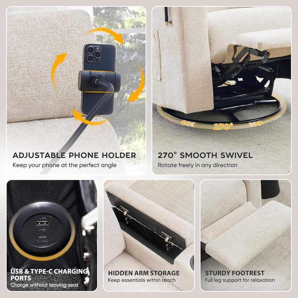 ABCASA Power Recliner Rocking Chair Nursery Glider, Swivel Reclining Nursery Rockers for Baby Room & Living Room, Chenille Chair with Phone Holder, USB/Type-C Ports, Arm Storage, Light Brown