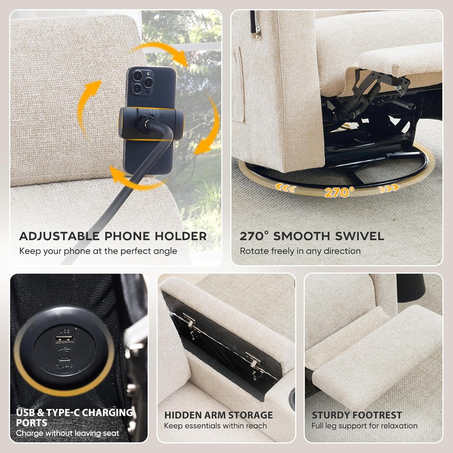 ABCASA Power Recliner Chair Swivel Glider Set of 2, Nursery Glider Recliner, Chenille Rocking Recliner Chair with Adjustable Phone Holder, Hidden Arm Storage, USB & Type-C for Living Room, Light Brown