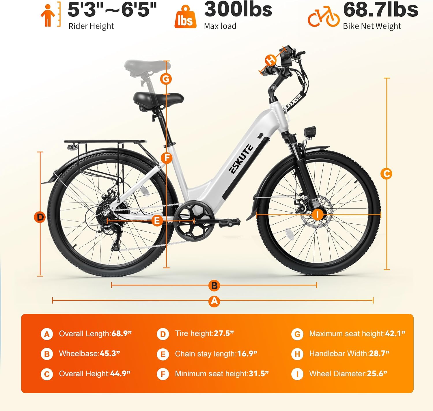 ESKUTE Electric Bike for Adults-1300w Peak Ebike, 28MPH Step Thru Electric Bicycle，70Miles 840 WH Removable Battery e-Bike, 7-Speed 26'' tire, Adjustable Stem,