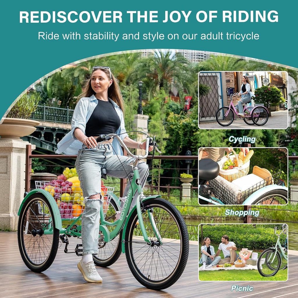 MOPHOTO Adult Tricycle 7 Speed, 20/24/26 Inch Low Step-Through Adult Trike with Large Rear Basket, 350 lbs Capacity 3 Wheel Bike for Seniors, Women and Men