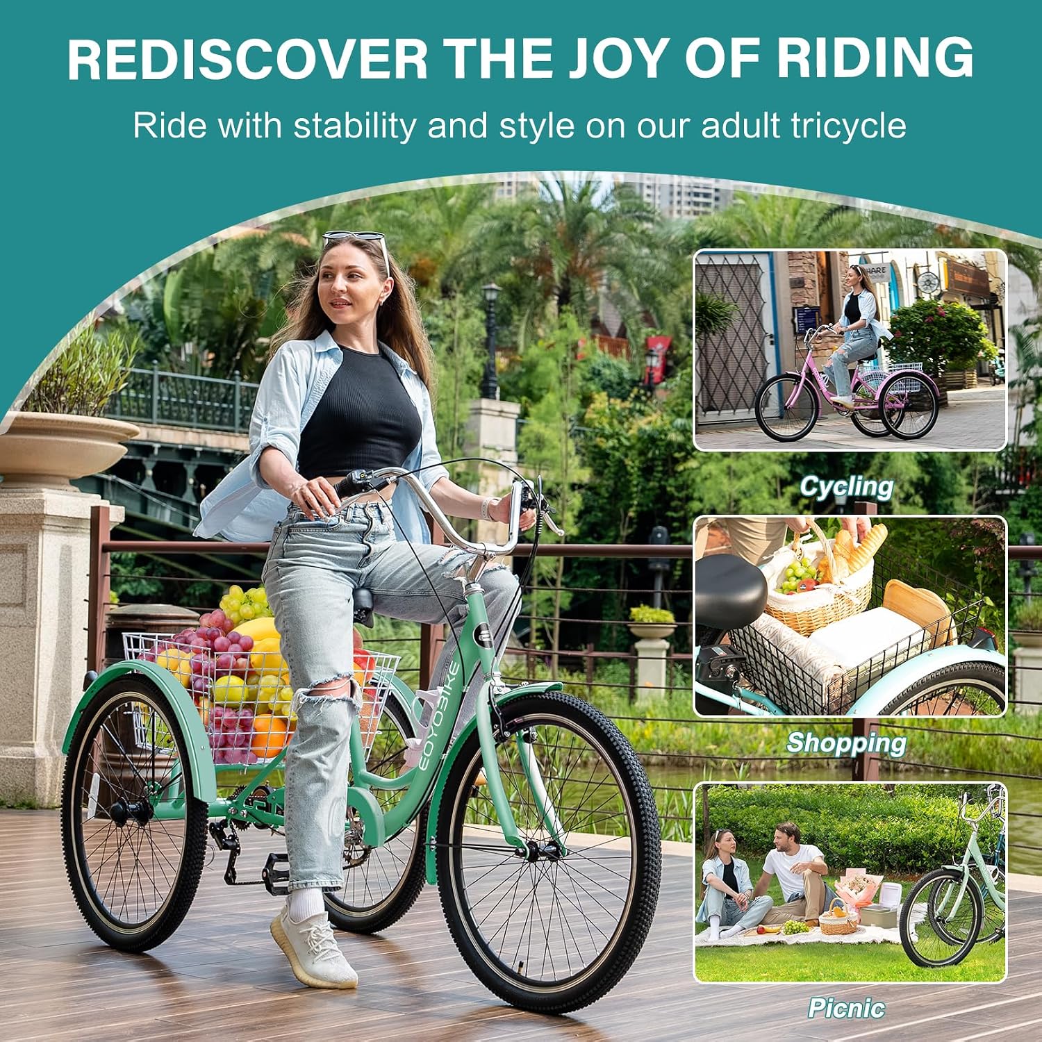 MOPHOTO Adult Tricycle 7 Speed, 20/24/26 Inch Low Step-Through Adult Trike with Large Rear Basket, 350 lbs Capacity 3 Wheel Bike for Seniors, Women and Men