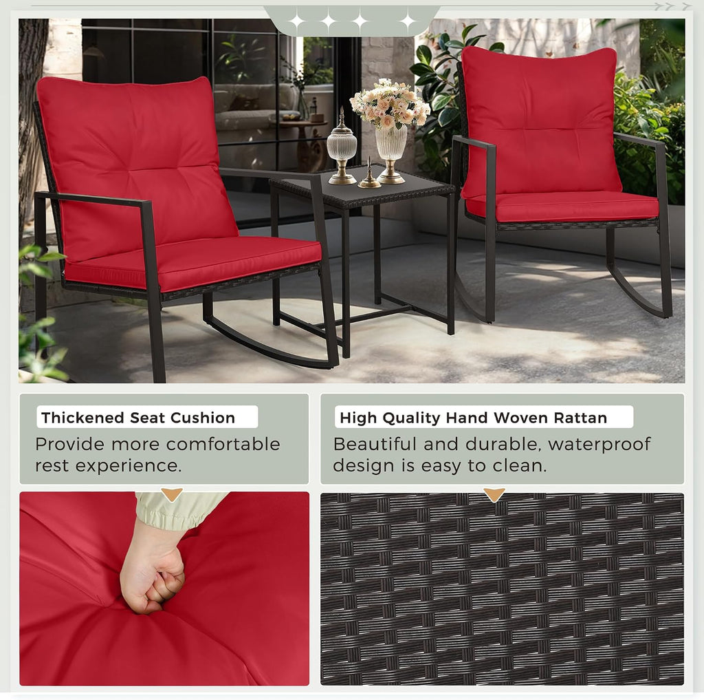 SUNCROWN 3 Piece Outdoor Rocking Bistro Set Black Wicker Furniture Porch Chairs Conversation Sets with Glass Coffee Table, Red