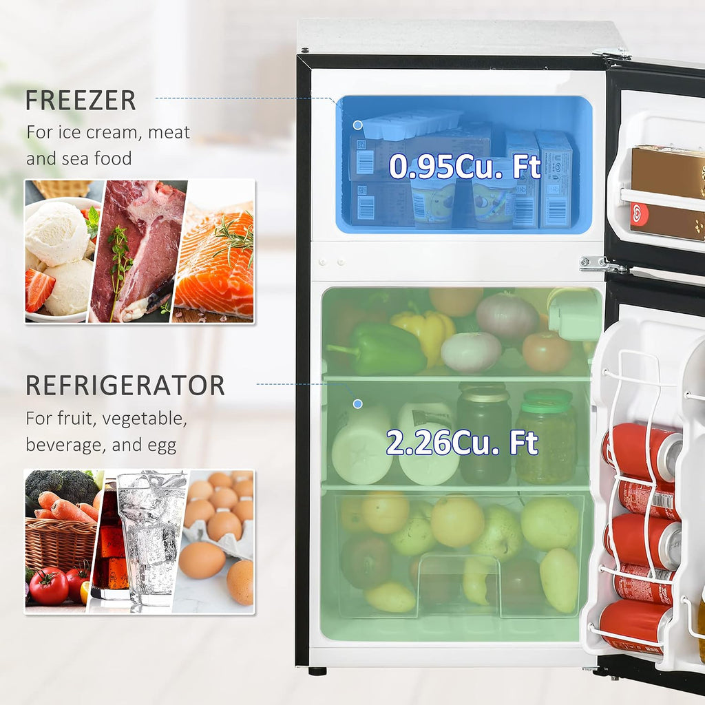 HOMCOM 3.2 Cu.Ft Mini Fridge with Freezer, Compact Refrigerator with Adjustable Thermostat, Shelf and Double Reversible Door for Bedroom, Dorm, Home Office, Energy Efficient, Black