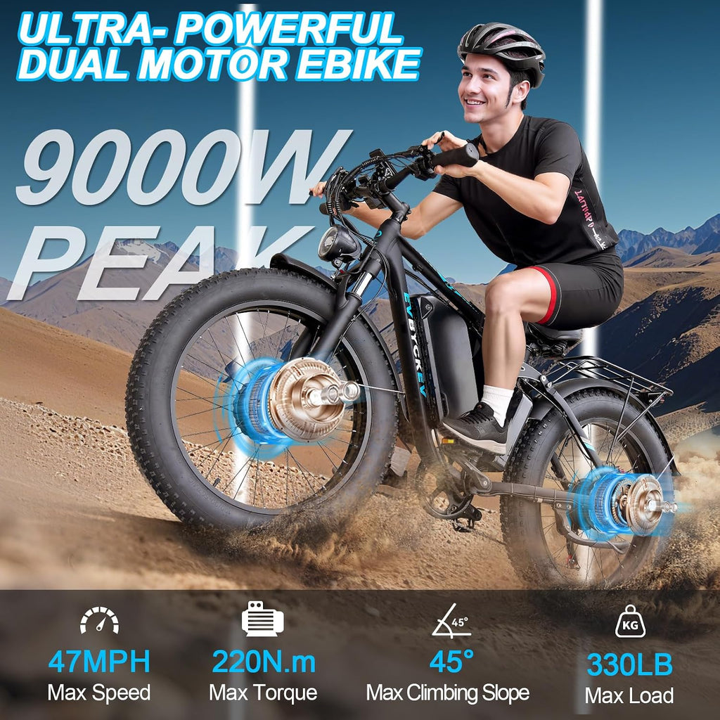9000W Peak Adults Ebike,52V 34Ah Dual Motor Electric Bike,Up to105 Miles Range 47MPH Top Speed Fast Ebike,Full Suspension 24Inches Fat Tires Mountain E Bicycle for Sand Beach Snow Off-Road Hunting