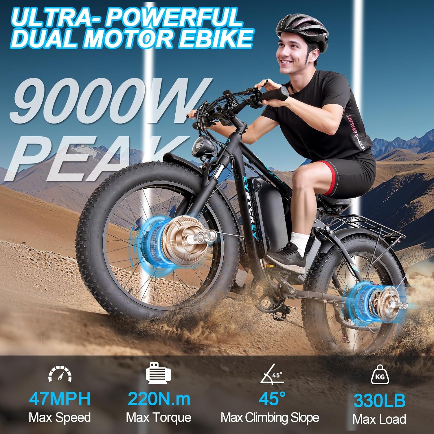 9000W Peak Adults Ebike,52V 34Ah Dual Motor Electric Bike,Up to105 Miles Range 47MPH Top Speed Fast Ebike,Full Suspension 24Inches Fat Tires Mountain E Bicycle for Sand Beach Snow Off-Road Hunting