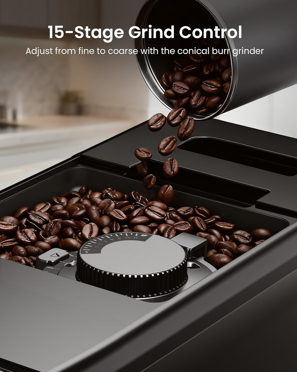 Fully Automatic Coffee Machine, 20 Bar Coffee Maker with Grinder, Automatic Espresso Machine with 15 Grinding Levels, Touch Control for Cappuccino & Latte, Auto Self-Cleaning