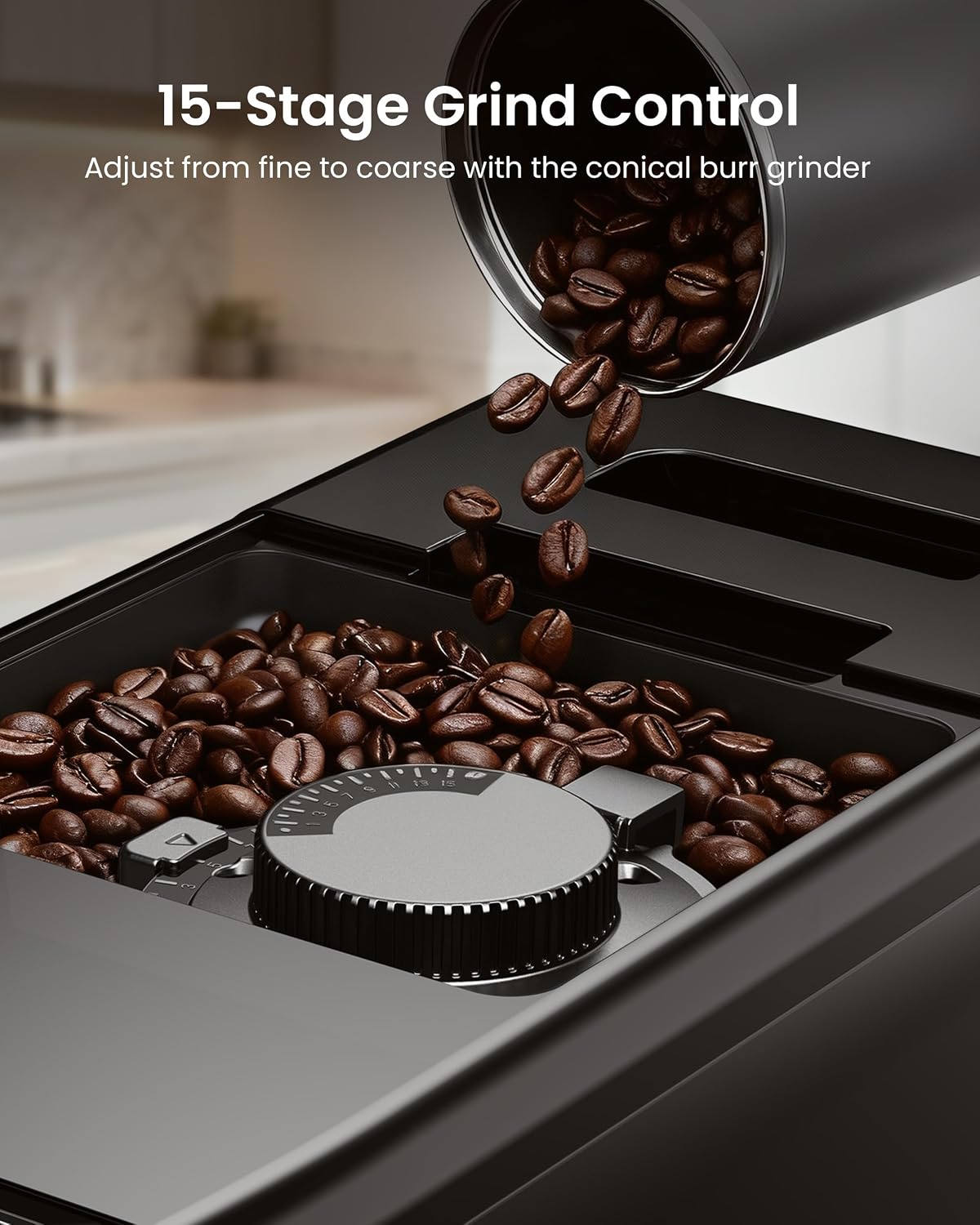 Fully Automatic Coffee Machine, 20 Bar Coffee Maker with Grinder, Automatic Espresso Machine with 15 Grinding Levels, Touch Control for Cappuccino & Latte, Auto Self-Cleaning